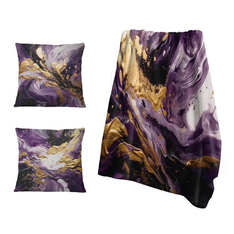 Mauve et or liquide Magic I - Ensemble de jeté abstrait et oreiller, Throw blanket with two pillows (3-piece set)