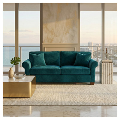 Canapé à accoudoirs arrondis de 92 po Irlanda en velours bleu antique et bleu paon, fabriqué aux États-Unis
