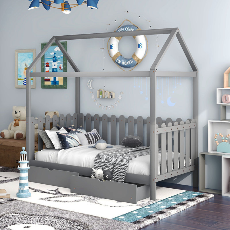 Lit simple avec tiroirs, barrière de sécurité en forme de clôture, Gris