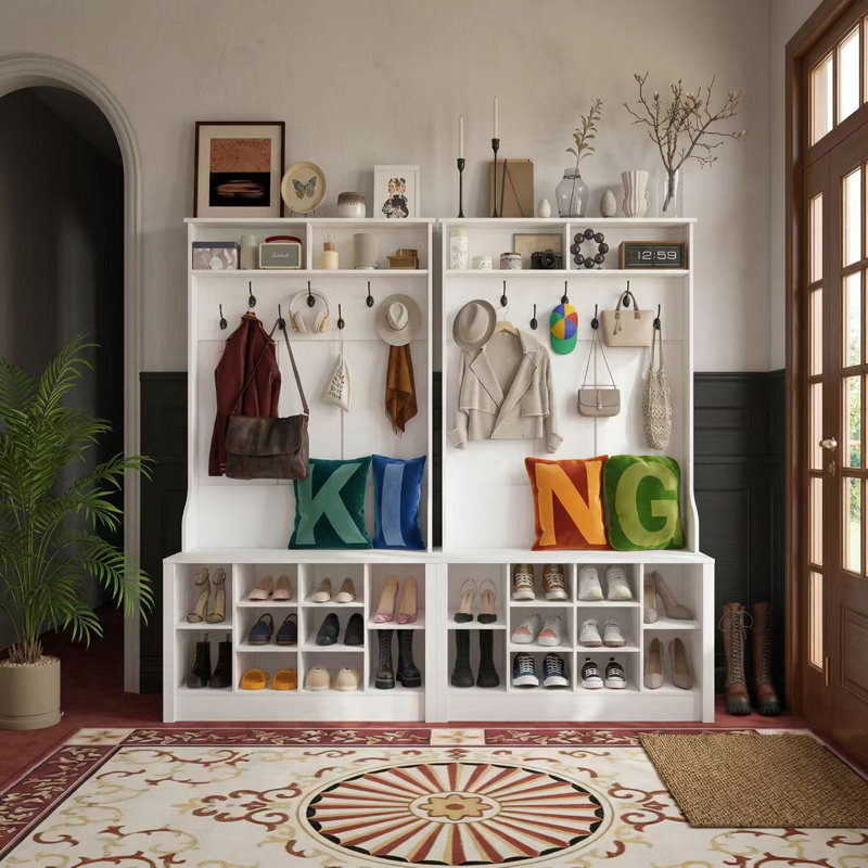 Bettymae 78.8” Wide Hall Tree with Hooks, Bench & Shoe Storage, White