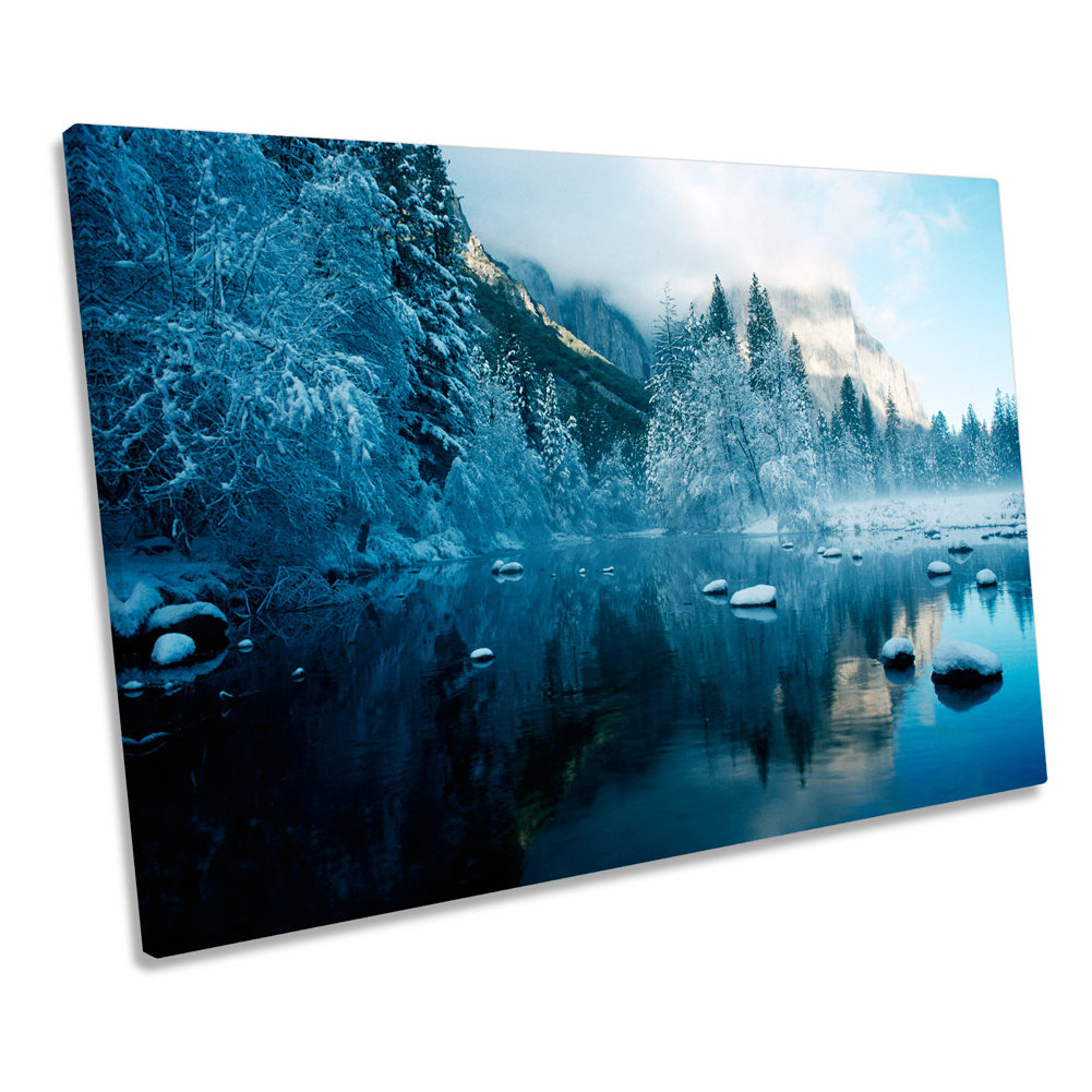 Winter Scene Snow River Mountain - Wrapped Canvas Print
