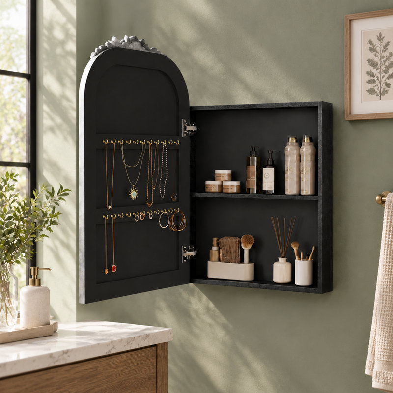 Armoire à pharmacie vintage avec miroir, rangement et dessus arqué sculpté, fixation murale, encastrée ou en saillie, étagère réglable et crochets à bijoux, argent antique