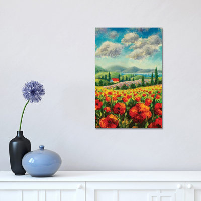 Landscape with Cypress Trees, Red Poppies, Beautiful Sea 1 Piece Wrapped Canvas Painting