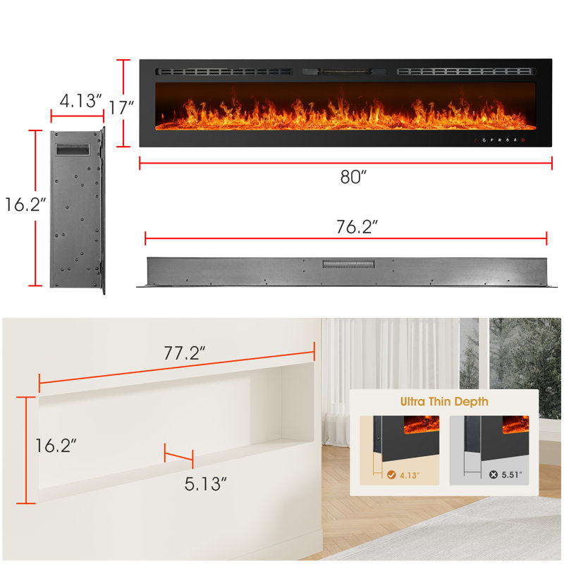 Foyer électrique, foyer ultra-mince encastré et fixé au mur avec panneau de commande à écran tactile