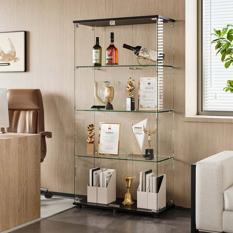 Vitrine en verre avec portes doubles à 4 tablettes et serrure, bibliothèque sur pied en verre trempé pour la maison et le bureau