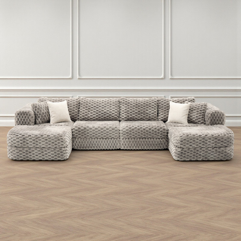 Boneless Modular Boneless Sectional Sofa With Two Movable Ottomans, Gray Velvet