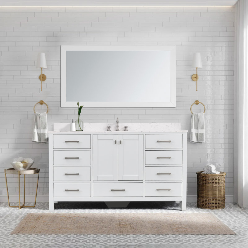 Meuble-lavabo simple Angela 60 po L x 22 po P avec comptoir en quartz, Blanc