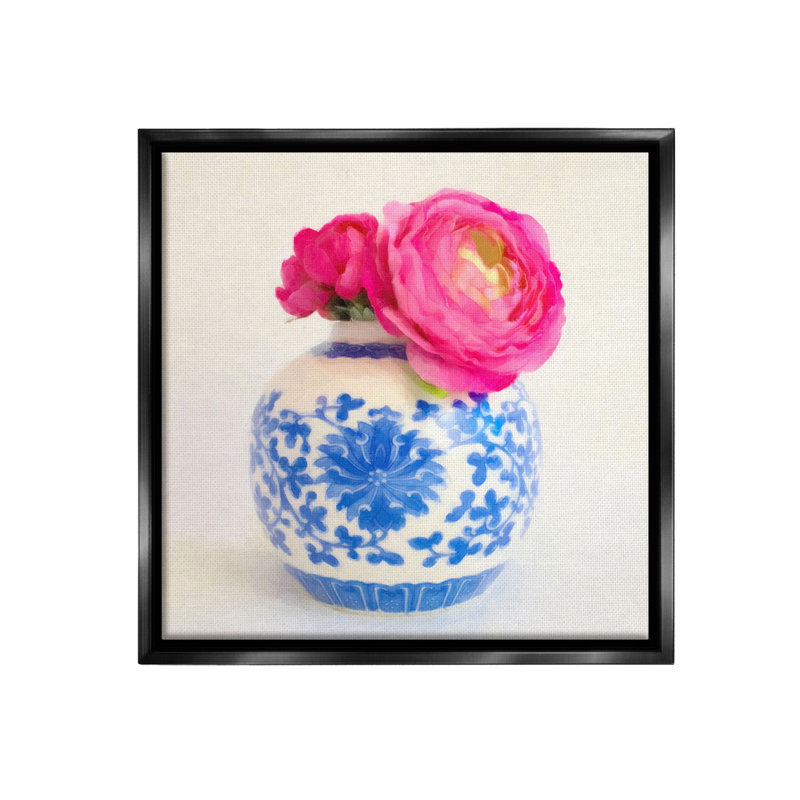 "Cadre fleuri et vase flottant rose" sur, H 25 po x l 25 po, Cadre flottant noir de jais