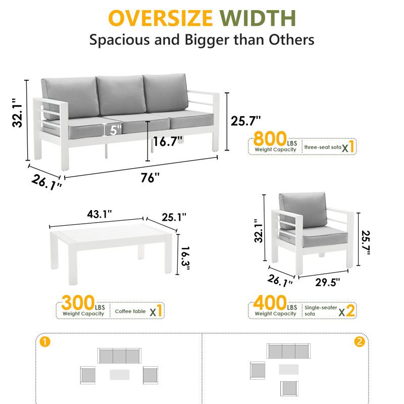 5 - Person Outdoor Seating Group With Cushions, Light Gray/White
