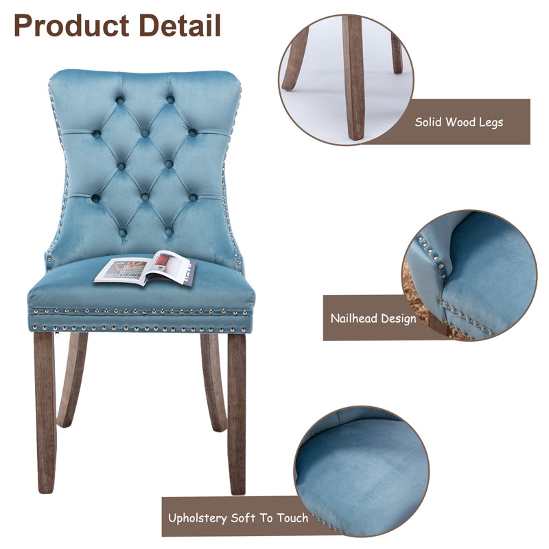 Light Blue Velvet Tufted Dining Chairs with Wood Legs, Set of 6