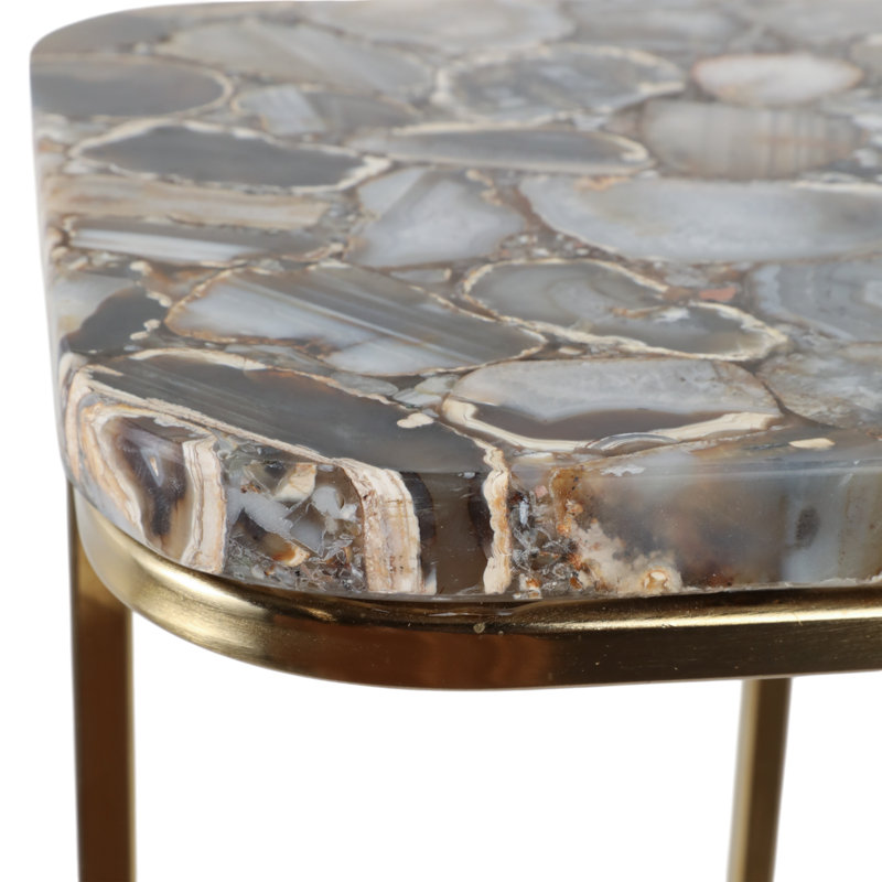 Side Table with Agate Top and Gold Metal Base, C-Shaped End Table for Living Room, Modern Accent Table, 24", Black
