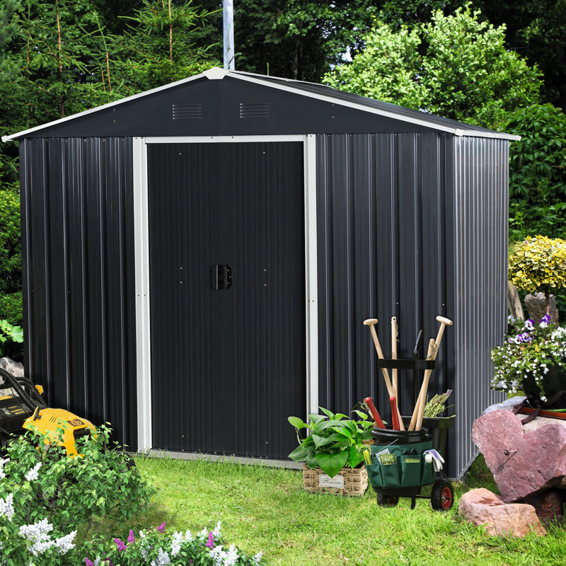 8ft X 6ft Metal Storage Shed In Black, Galvanized Iron Construction For Longevity, Punched Vents, Sliding Door With Padlock, Easy Assembly Process Build Strength, Air Method