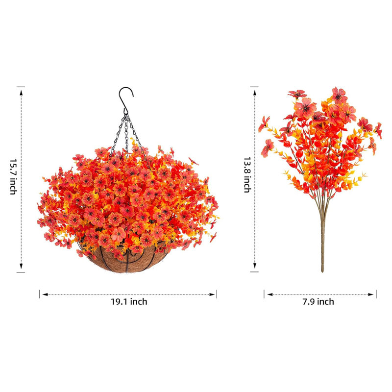 Artificial Faux Hanging Plants Flowers Basket for Summer Outdoor Outside Decoration, Light Orange