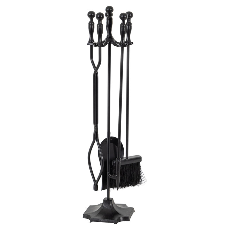 Modern Black Steel 5-Piece Fireplace Tool Set with Stand