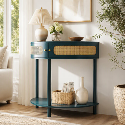 Table de bout unique en demi-lune avec porte coulissante en rotin, console élégante en demi-cercle avec 2 armoires de rangement en rotin et tablette inférieure pour le salon, la chambre à coucher, le bureau, le couloir