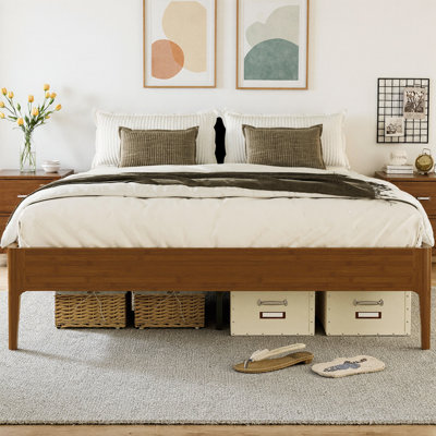 15 Inch High Solid Bamboo Platform Bed Frame with Metal Support, Modern Minimalist Wood Slat Base, No Box Spring Needed, Noise-Free, Easy Assembly