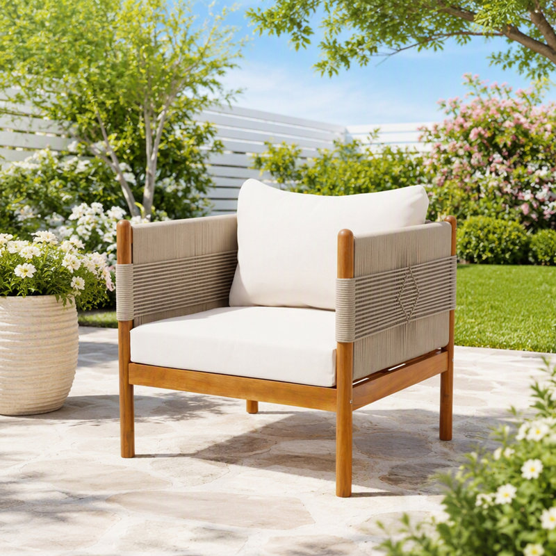Fauteuil club d'extérieur en bois d'acacia durable avec tissage à la main en corde de diamant et coussins moelleux