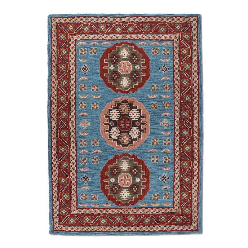 Tapis écologiques en laine touffetés à la main - Rectangle, bleu-rouge clair, design oriental, tapis épais antidérapants faits à la main pour salon, chambre à coucher