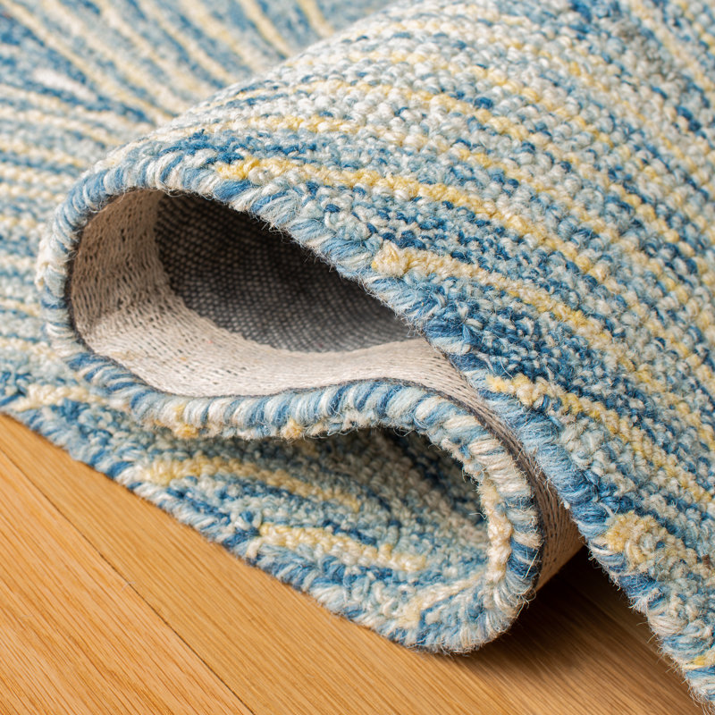 Tapis bleu / jaune en laine / coton touffeté à la main Micro-Loop, Tapis de couloir 2 pi 3 po x 7 pi
