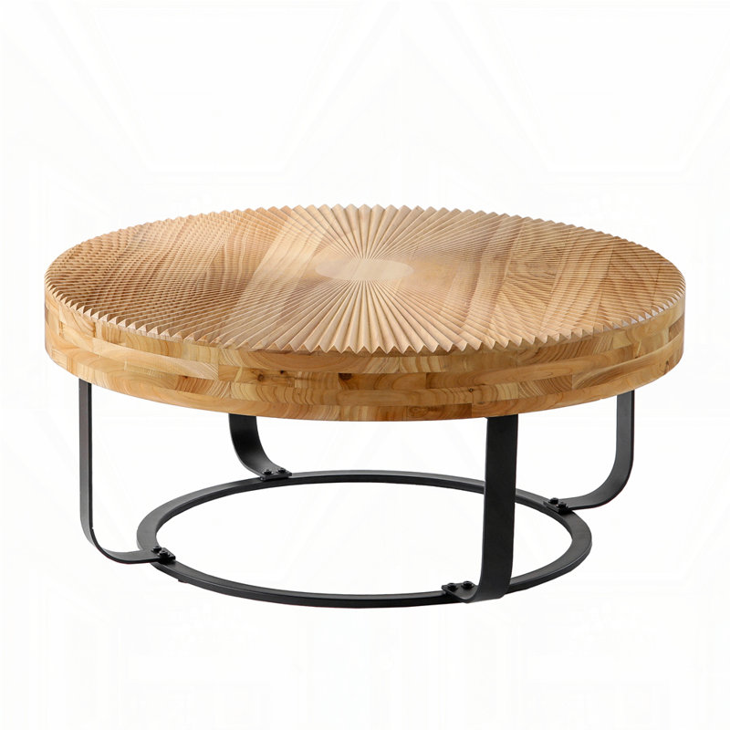 Modern Round Coffee Table Wooden Carving Pattern Coffee Table With Metal Legs For Living Room Reception Room Office, Black