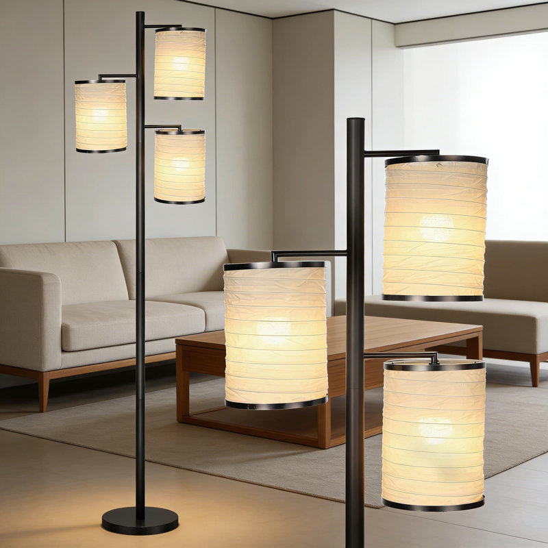 Lampe sur pied avec abat-jour lanterne asiatique - 3 ampoules DEL pour le salon, la chambre à coucher ou le bureau