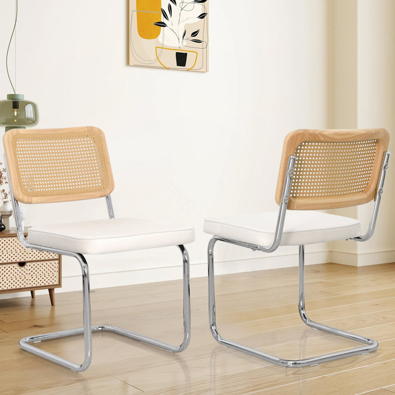Velvet and Teddy Fabric Upholstered Side Chair with Cane Rattan Back, Silver, White Velvet