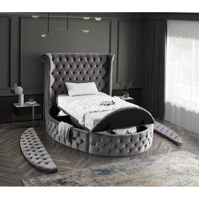 Lit plateforme tapissier avec rangement capitonné Dorgan, Simple, Velours gris