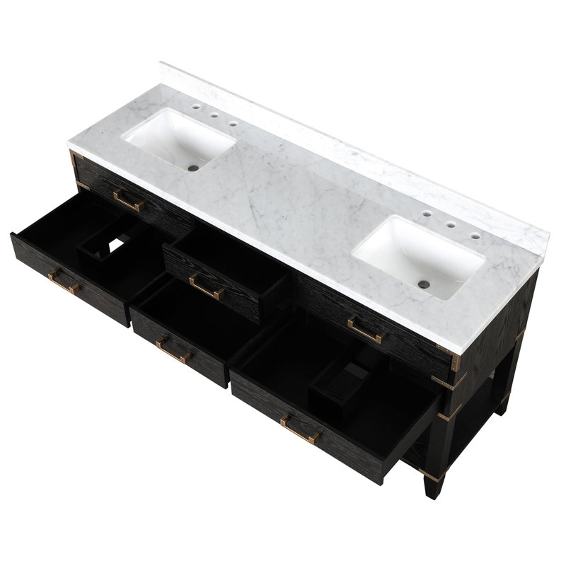 72 po L, plateau en marbre, meuble-lavabo double en chêne noir, tiroirs à fermeture en douceur, miroirs, plateau de rangement, large, quatre