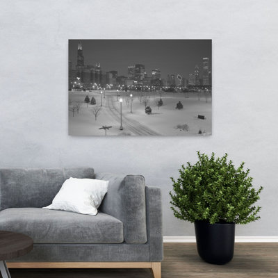 Vue en plongée de la neige, paysage couvert de bâtiments en arrière-plan, Chicago, Illinois, États-Unis, architecture contemporaine abstraite, art urbain