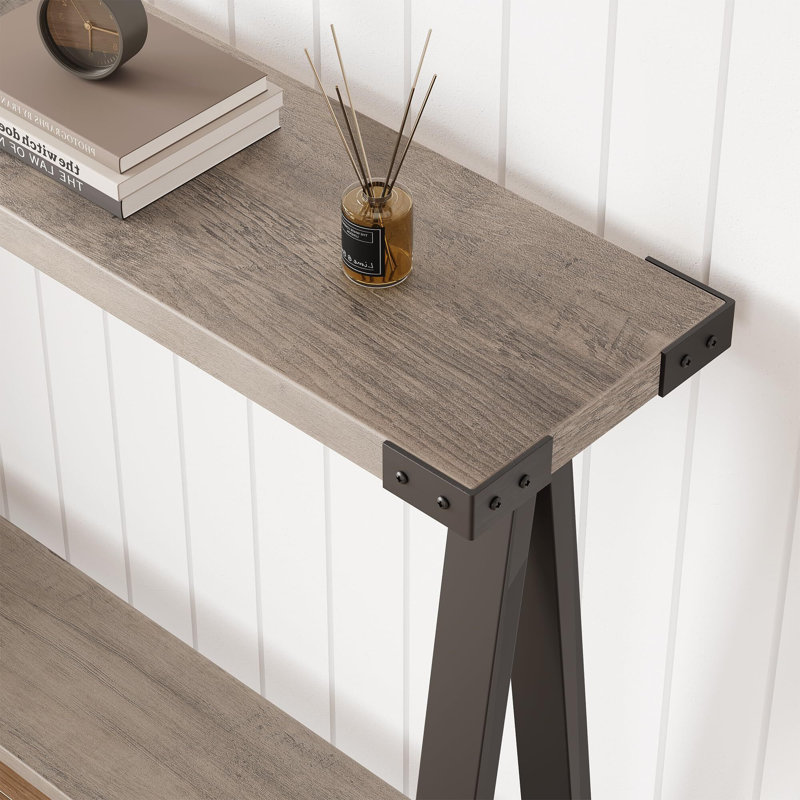 2-Tier Sofa Table, Entryway Table With Storage Shelf, V-Shaped Leg Design, Farmhouse Console Table With Metal Frame, Multipurpose Accent Furniture For Living Room Bedroom Couch Hallway Grey