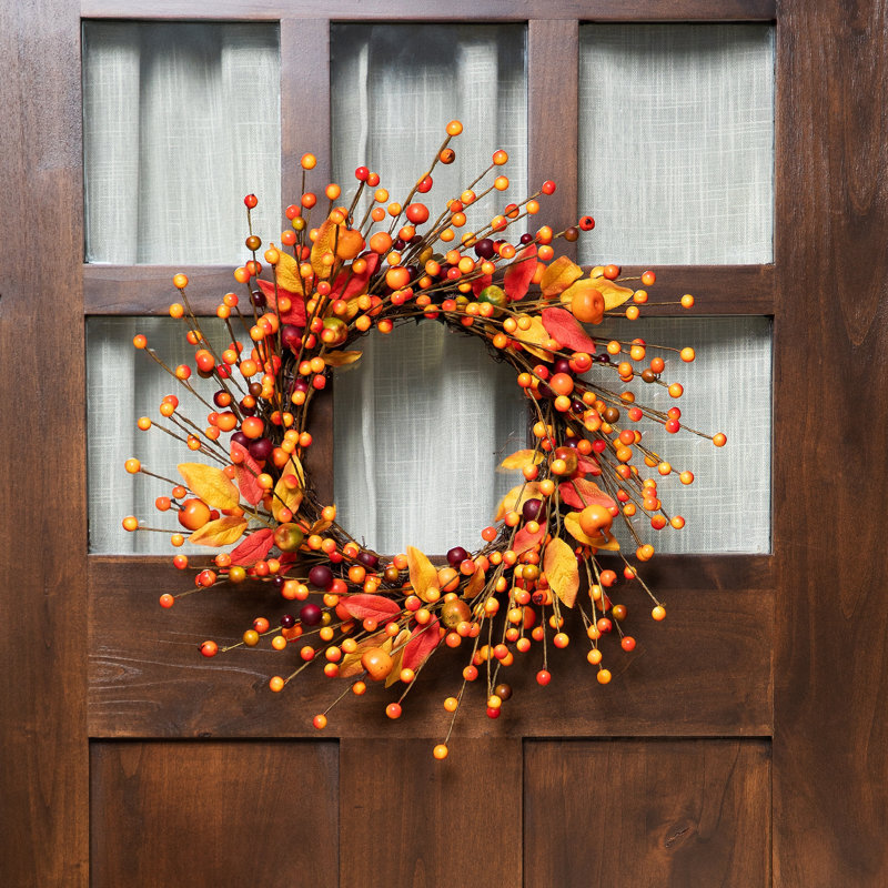 Berries and Apples Foliage Twig Artificial Thanksgiving Wreath - 18-Inch Unlit