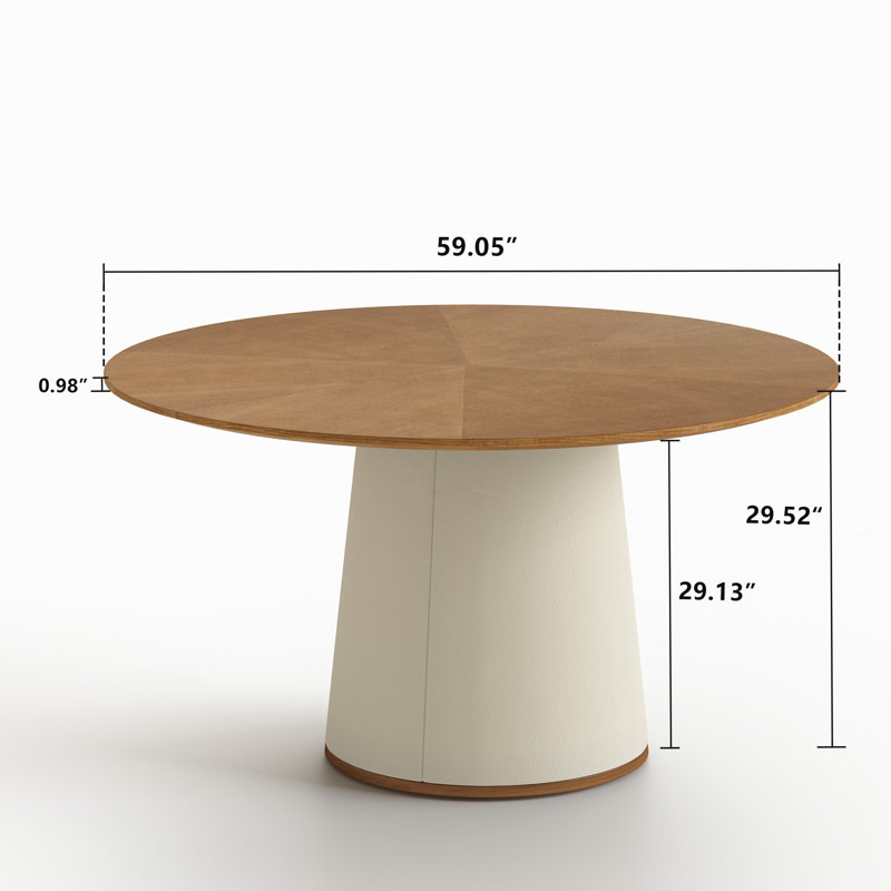 59 Inch Round Dining Table With Genuine Leather Base Parquet Craft Top For Dining Room, Modern Luxury Table