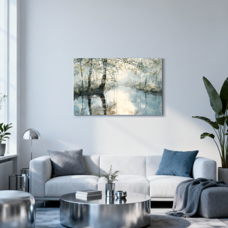 Ensemble de 1 tableau sur toile tendue « Reflets sereins sur un lac en forêt », H 12 po x l 18 po