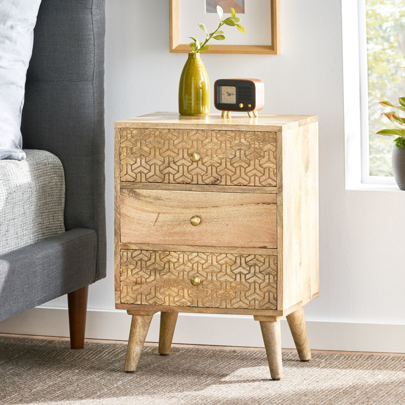 Table de chevet 3 pièces en bois de manguier fabriquée à la main avec allure géométrique faite de beauté et de rangement