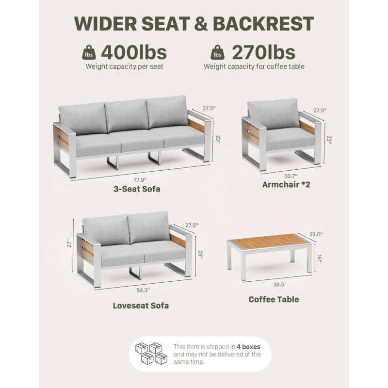 3-Seat Outdoor Patio Sofa, Modern Aluminum Conversation Couch with Thick Washable Cushions, All-Weather Metal Frame for Backyard Garden Deck Porch, Grey