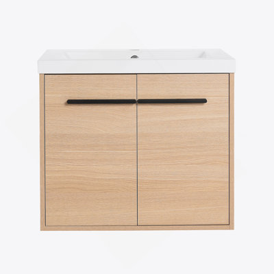 Oak 24 Inch Bathroom Vanity With Resin Countertop Sink, 2 Doors Bathroom Cabinet Set