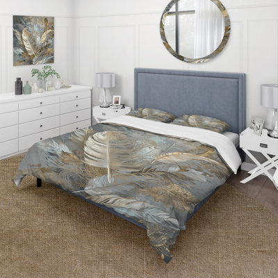 Gold Feather Extravaganza V - Glam Feather Duvet Cover Set - Microfiber Polyester