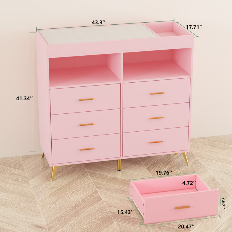 Commode pour bébé à DEL avec station de charge et lumière - 6 tiroirs larges, organisateur de table à langer en bois pour chambre d'enfant ou de chambre à coucher, style moderne, rose