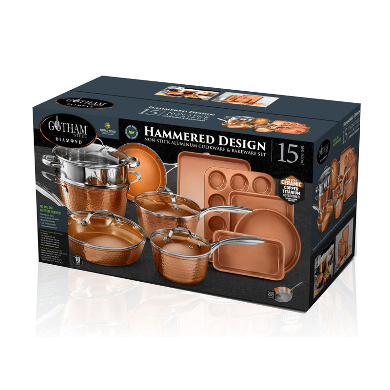 Hammered Copper 15-Piece Aluminum Non-Stick Cookware Set and Bakeware Set Hammered Copper 15-Piece Aluminum Non-Stick Cookware Set and Bakeware Set