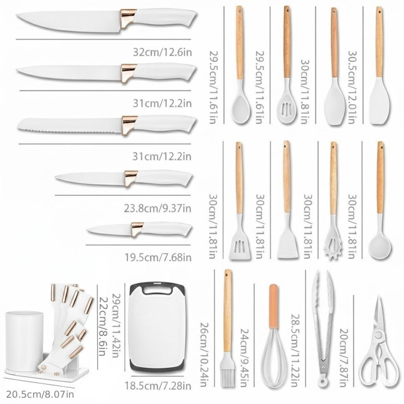 Ensemble de 19 ustensiles et couteaux de cuisine en silicone 19 pièces - Outils de cuisson résistants à la chaleur, Blanc