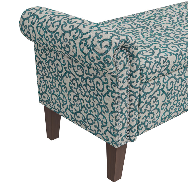 Olwyn Polyester Upholstered Storage Bench, Blue Curly Vine