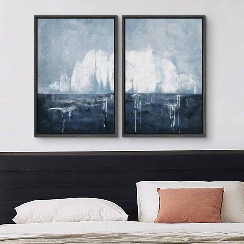 «Watercolor Pastel Blue White Landscape Abstract Shapes», reproduction encadrée sur toile, 2 pièces, Noir