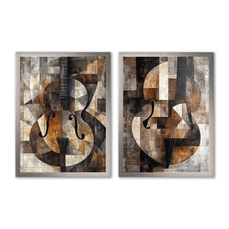 Mandoline dans des plans brisés I - Ensemble de 2 décorations murales cubistes, 32" H x 48" W, Silver Picture Framed