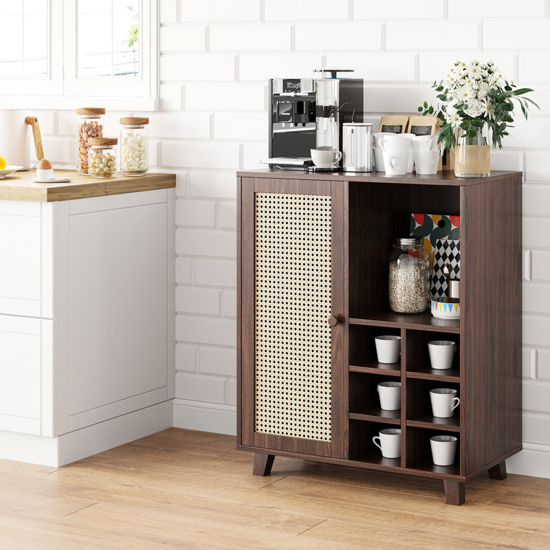 Buffet de 34 po, à panneaux, 1 tablette fermée, 2 tablettes ouvertes, 6 bouteilles de vin, espace de rangement pour bar spacieux, espace, plateau de table