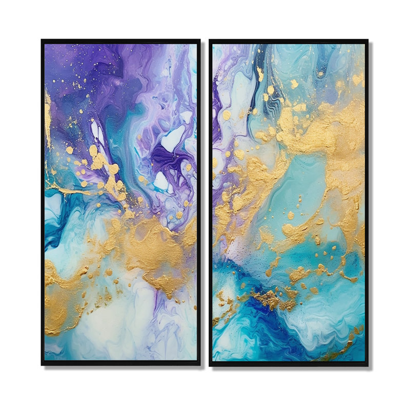 Turquoise et mauve liquide Art IV - art mural moderne turquoise 2 panneaux, H 20 po x l 24 po, Noir, noir, noir, noir