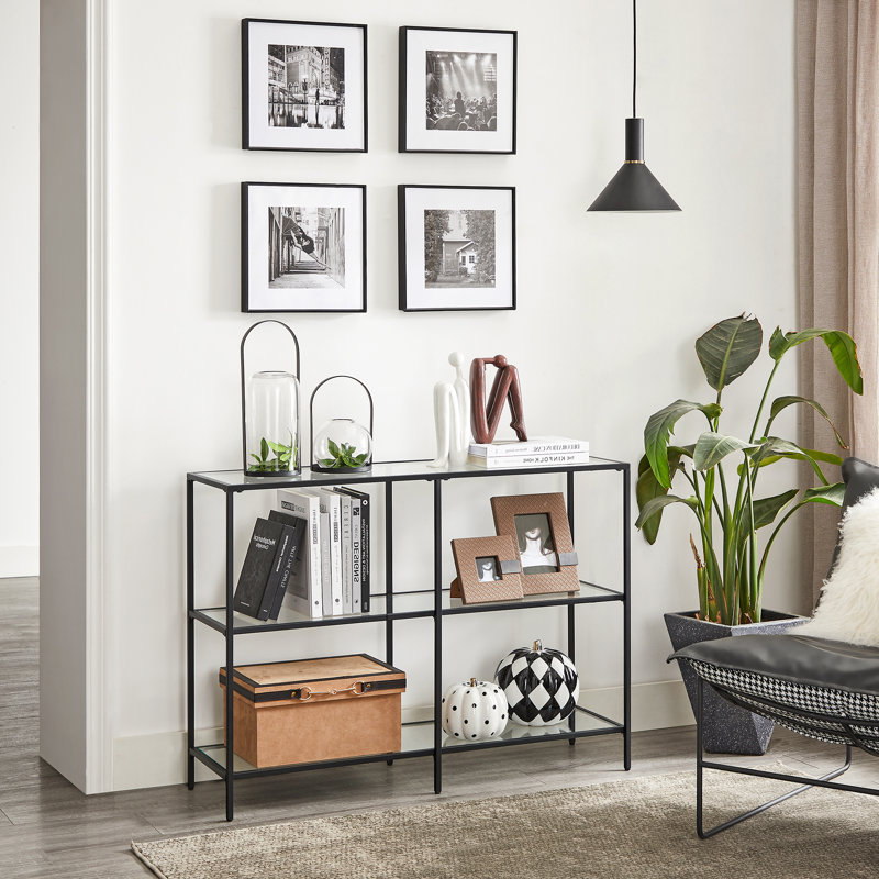 Odine Glass Top Console Table, 28.7" H x 39.4" W x 11.8" D, Black/Transparent
