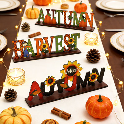 Rustic Thanksgiving Table Decor - 3 Pcs Wooden Hollow Letter Signs, Fall Centerpiece Set for Farmhouse Home, Holiday Photo Props & Thanksgiving Party