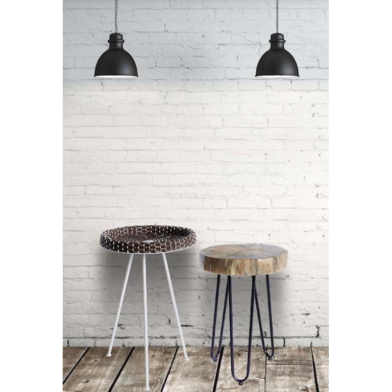 Round Brown and White Wicker End Table with Metal Legs