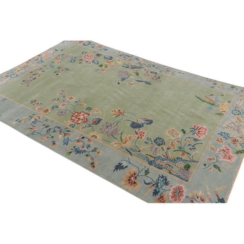 Art Deco Hand Knotted Wool Floral Area Rug, Rectangle 10' x 14'