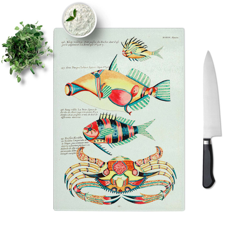 Glass East indies Fish & Crab Illustrations Xxxiv by Louis Renard Chopping Board, 39 cm W x 28.5 cm L